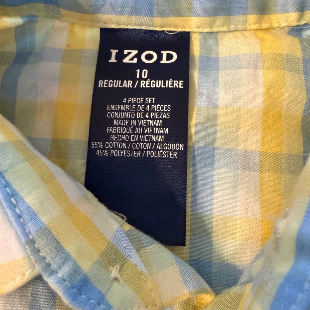 IZOD Boys Size 10 Yellow Blue Plaid Long Sleeve Button Down Dress Shirt Regular